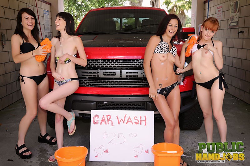 Chloe Sky and friends flash tits at bikini car wash on Public Handjobs